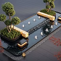 Elegant Water Fountain Landscape Design With Cascading Water Trees Lanterns And Stone Tiles