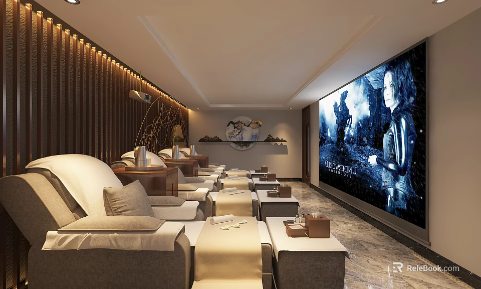 SPA Sauna Interior Design With White Reclining Chairs Wooden Decor And Large Screen TV 3d model 