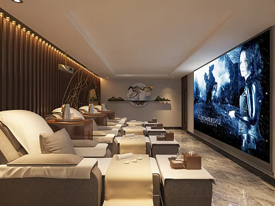 SPA Sauna Interior Design With White Reclining Chairs Wooden Decor And Large Screen TV 3d model