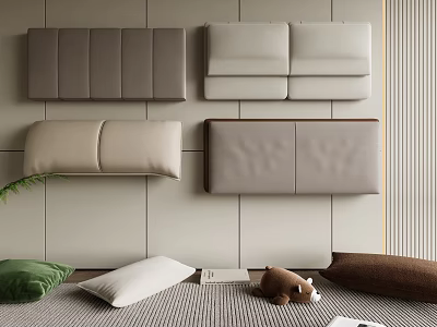 Wall Mounted Upholstered Headboard Cushions in Various Designs with Neutral Decorative Pillows and Stuffed Toy 3d model