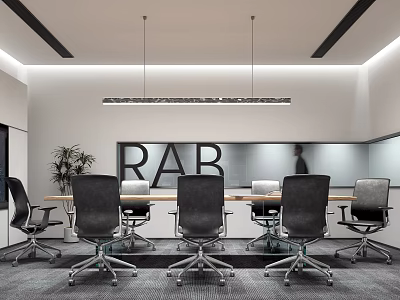 Modern Conference Room Interior With Long Table Black Chairs RAB Logo And Pendant Lights 3d model