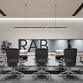 Modern Conference Room Interior With Long Table Black Chairs RAB Logo And Pendant Lights