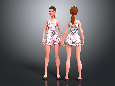 Two Female Characters In Floral Dresses Showing Front And Back Standing Poses 3d model