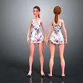 Two Female Characters In Floral Dresses Showing Front And Back Standing Poses 3d model