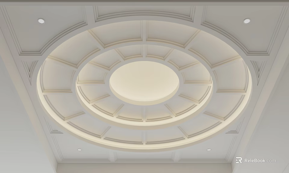 Elegant Circular Ceiling Design With Layered Moldings And Recessed Lights 3d model