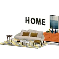 Light Sofa And Coffee Table Set With Brown Pillows Striped Rug Orange Cabinet And Wall Art