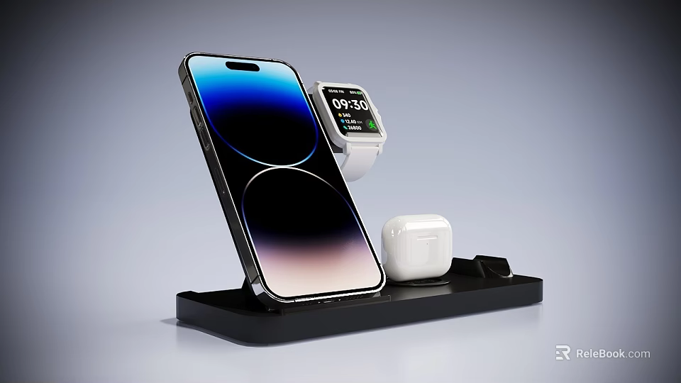 Wireless Charging Station With Smartphone Smartwatch And Wireless Earbuds On Black Base 3d model 