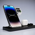 Wireless Charging Station With Smartphone Smartwatch And Wireless Earbuds On Black Base