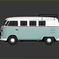 Vintage Volkswagen Bus with Light Blue and White Exterior and Roof Rack Design