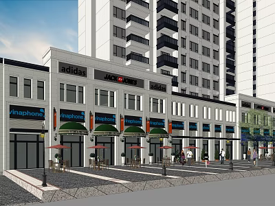 Vibrant Commercial Street with Modern Buildings Various Shops Outdoor Seating and Pedestrians 3d model
