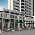 Vibrant Commercial Street with Modern Buildings Various Shops Outdoor Seating and Pedestrians