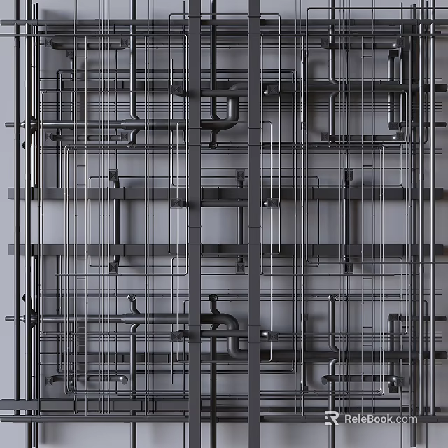 Modern Ceiling Design With Metal Frames Grid Patterns And Linear Pipe Structures 3d model 