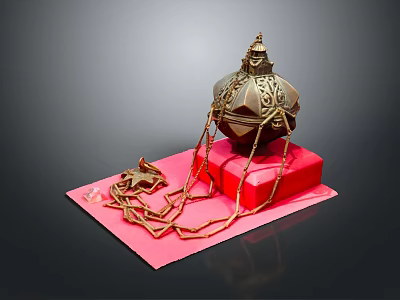 Metallic Decorative Ornament Set With Intricate Patterns Chain And Red Base 3d model