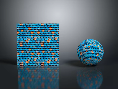 Geometric Square and Sphere Made of Blue and Orange Squares on Gray Background with Reflection 3d model