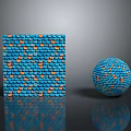 Geometric Square and Sphere Made of Blue and Orange Squares on Gray Background with Reflection