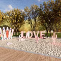 Beach Scene with LOVE Letters Colorful Surfboards Pink Tree Heart Decor and Sunny Blue Sky