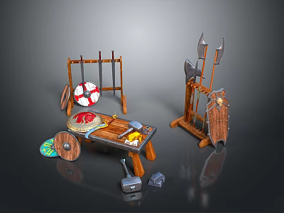 Medieval Weapons Display With Wooden Racks Shields Axes And Table Setup 3d model