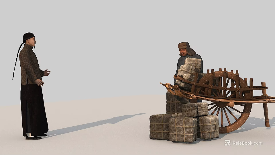 Two People Interacting Near Wooden Cart With Stacked Burlap Sacks 3d model 