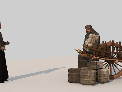 Two People Interacting Near Wooden Cart With Stacked Burlap Sacks 3d model