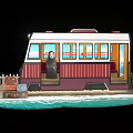 Colorful Beachside Dining Car With White Picket Fence Suitcase Plant And Waves