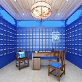Traditional Chinese Medicine Store Featuring Blue Wall Herbal Medicine Drawers And Wooden Furniture