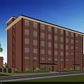 Modern Multistory School Teaching Building With Red Exterior Walls And Green Trees Around
