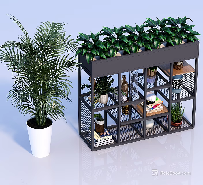 Green Potted Plants On Black Multi tiered Shelf With Decorative Items White Pot Large Plant 3d model 