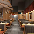 Japanese Restaurant Interior With Wooden Grilles Booth Seats Wall Art And Neatly Set Tables