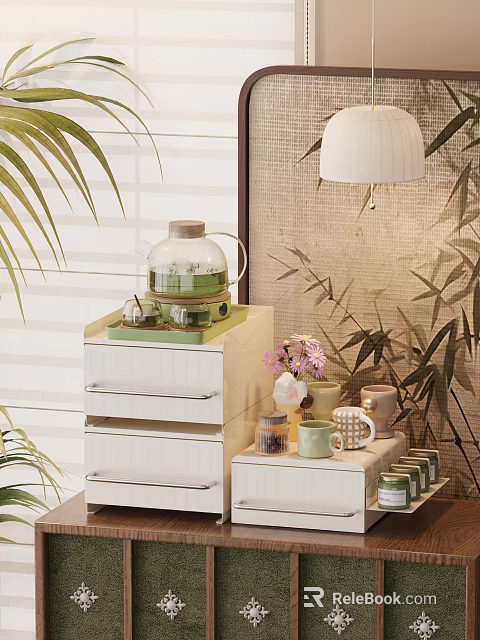 Decorative Cups With Glass Teapot Green Tea On White Drawer Cabinet And Bamboo Plants 3d model 