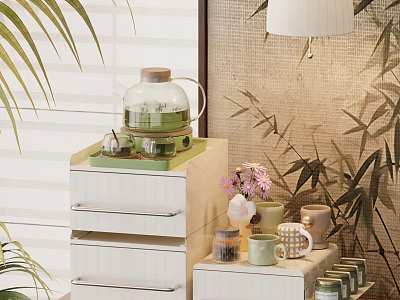 Decorative Cups With Glass Teapot Green Tea On White Drawer Cabinet And Bamboo Plants 3d model