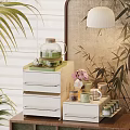 Decorative Cups With Glass Teapot Green Tea On White Drawer Cabinet And Bamboo Plants