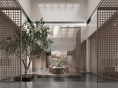 Modern Sales Office Interior Design With Wooden Lattice Partitions And Large Indoor Tree 3d model