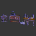 Vintage Wooden Furniture Set With Writing Desks Chest Of Drawers And Stools