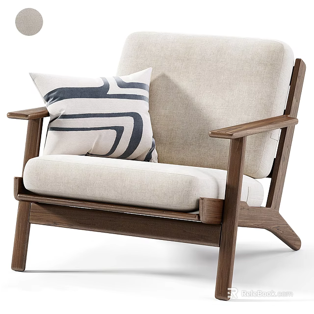 Modern Leisure Chair with Solid Wooden Frame Light Colored Fabric Cushion and Geometric Pattern Pillow 3d model 
