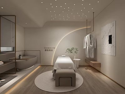 SPA Sauna Relaxing Interior Design With Massage Table Bathtub Hanging Robe And Warm Lighting 3d model