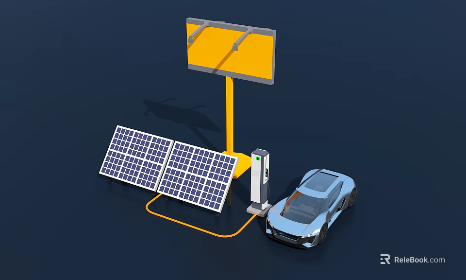 Eco Friendly Solar Panels Charging Electric Vehicle At Station With Billboard 3d model 