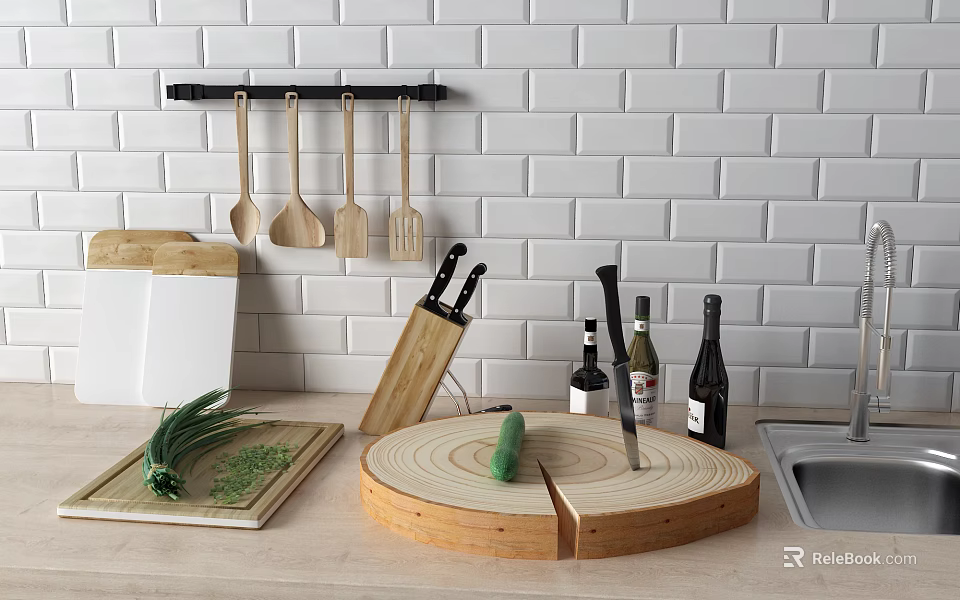 Kitchen Utensils Featuring Wooden Spoons Knives and Cutting Boards on Counter with White Brick Wall 3d model 