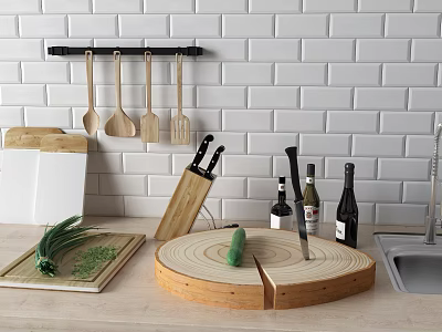 Kitchen Utensils Featuring Wooden Spoons Knives and Cutting Boards on Counter with White Brick Wall 3d model