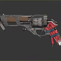 Futuristic Mechanical Weapon with Metallic Body Red Blue Accents and Complex Gears Design
