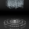 Art Installation Featuring Hanging Geometric Structures And Circular Symbolic Pattern On Black Background 3d model
