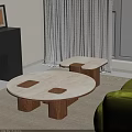 Modern Green Sofa And Coffee Table Set With Round Rectangular Tables White Tabletop Wooden Legs 3d model