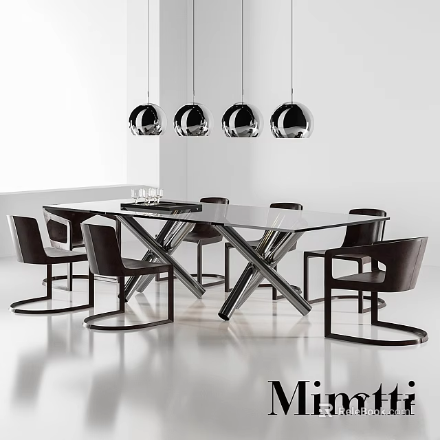 Modern Dining Table And Chair Set With Glass Top Metal Frame And Black Leather Chairs 3d model 