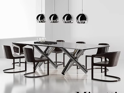 Modern Dining Table And Chair Set With Glass Top Metal Frame And Black Leather Chairs 3d model