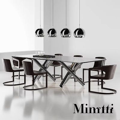 Modern Dining Table And Chair Set With Glass Top Metal Frame And Black Leather Chairs 3d model