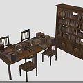 Vintage Wooden Furniture Set With Dining Table Chairs Bookshelf And Books On Table