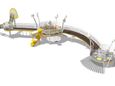 Outdoor Playground Equipment Featuring Slide Climbing Net Circular Platform And Light Poles 3d model
