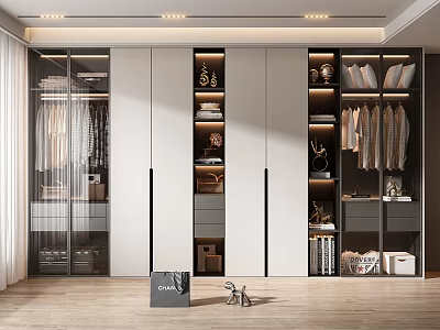 Modern White And Black Wardrobe With Glass Doors Open Shelves And Clothes Storage 3d model