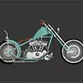 Turquoise Custom Chopper Motorcycle With Orange Seat Chrome Parts And Large Wheels
