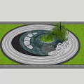 Karesansui Garden Design Featuring Circular Sand Patterns Stones Tree And Green Lawn