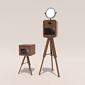 Two Modern Wooden Tripod Stands with Storage Box and Round Mirror for Home Decor